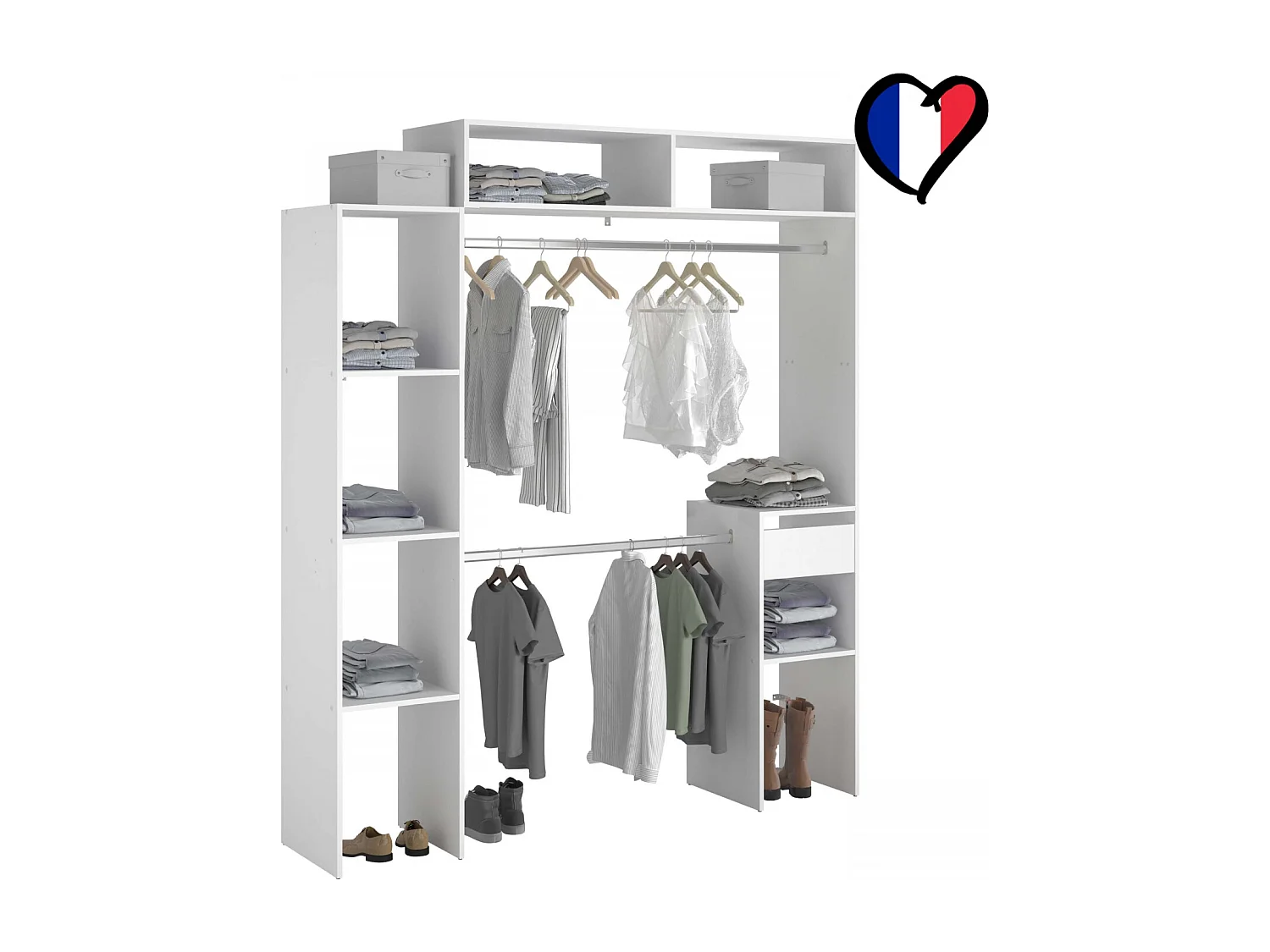 Elysée - Dressing blanc extensible avec 2 penderies, 4 étagères et 1 tiroir