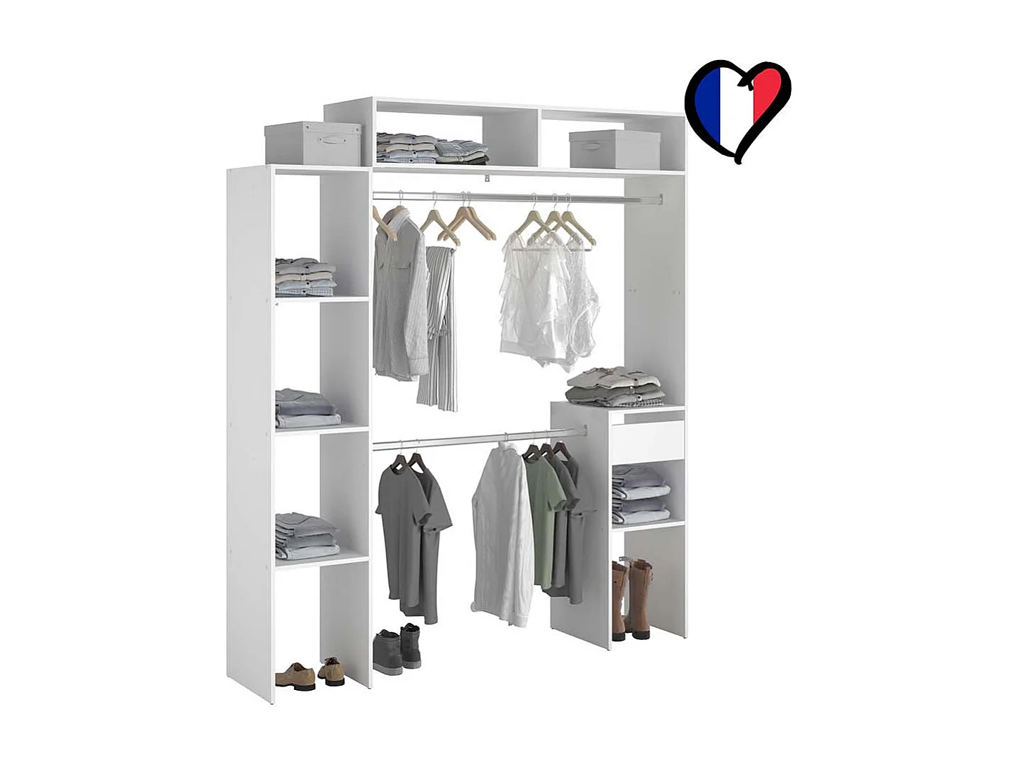 Dressing blanc extensible avec 2 penderies, 4 étagères et 1 tiroir ELYSEE