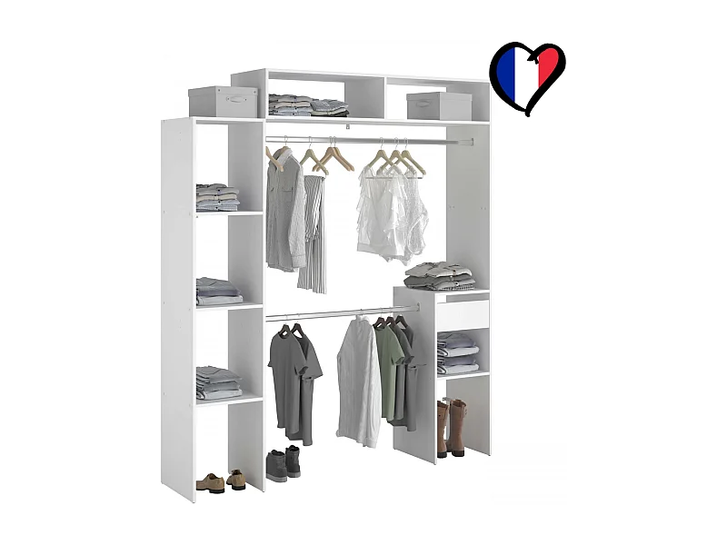 Elysée - Dressing blanc extensible avec 2 penderies, 4 étagères et 1 tiroir