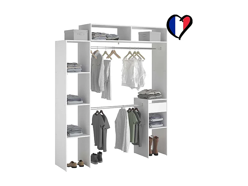 Dressing blanc extensible avec 2 penderies, 4 étagères et 1 tiroir ELYSEE