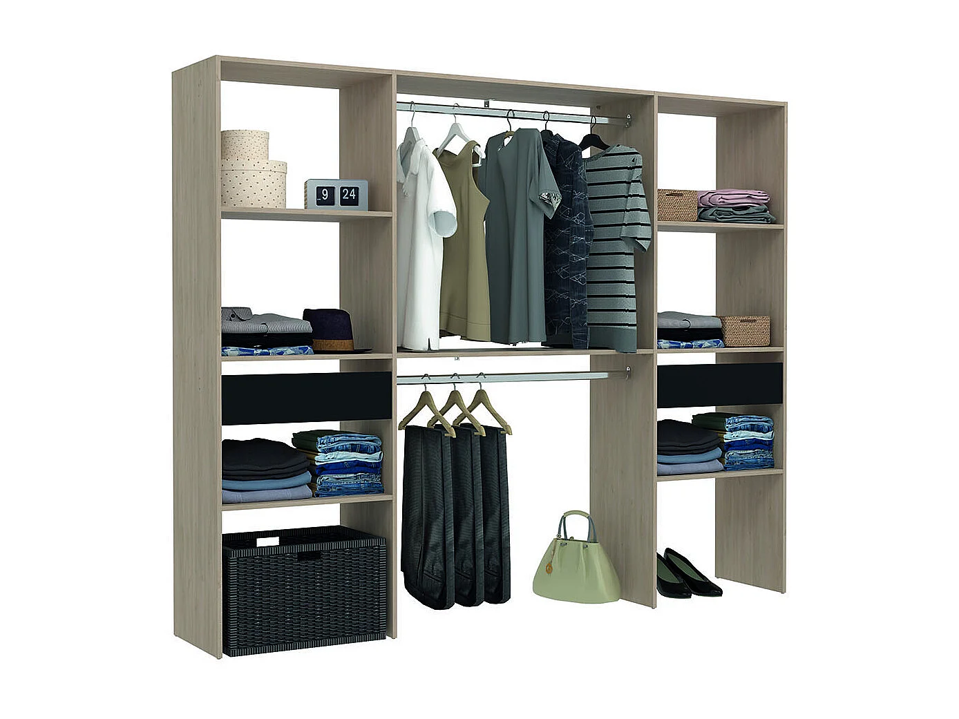 Großer Kleiderschrank Holz mit 2 Garderoben, 6 Fächern, 2 Schubladen ELYSEE