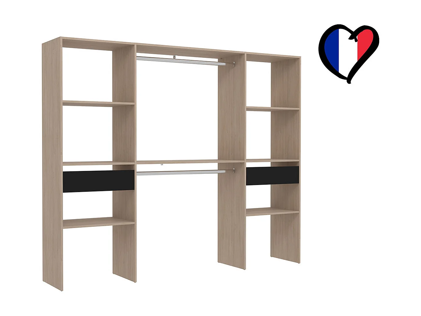 Großer Kleiderschrank Holz mit 2 Garderoben, 6 Fächern, 2 Schubladen ELYSEE