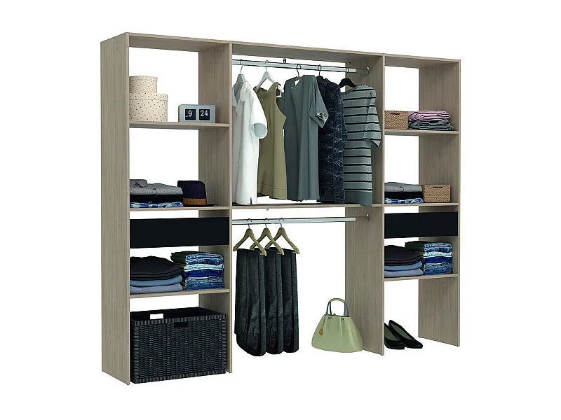 Grand dressing bois avec 2 penderies, 6 étagères et 2 tiroirs ELYSEE