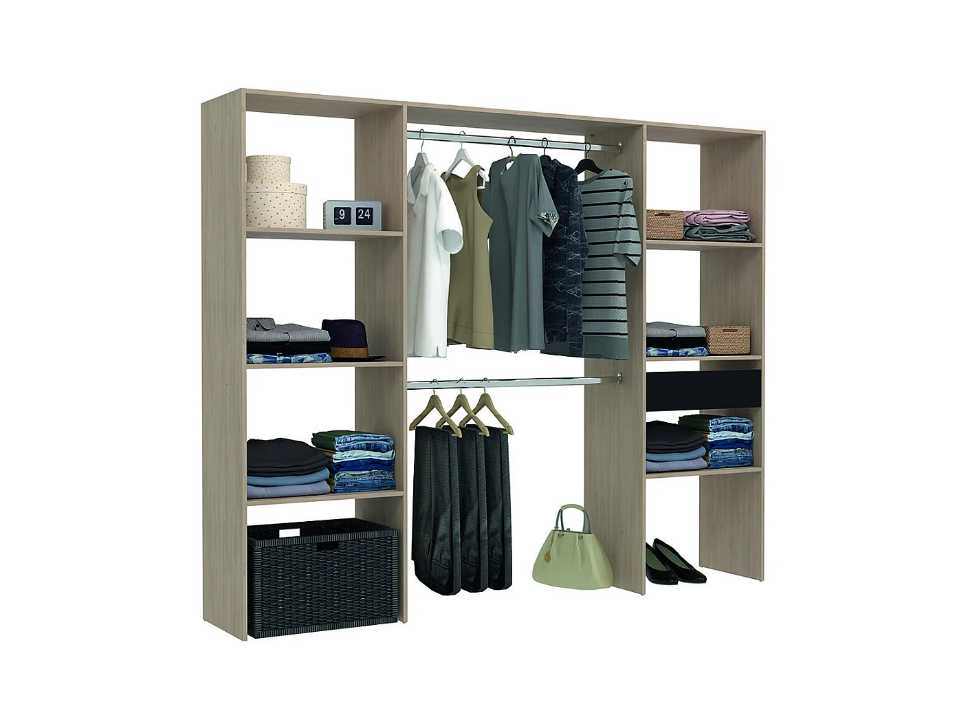 Dressing bois avec 6 étagères, 1 tiroir et 2 penderies : 220 x 40 x 180 cm ELYSEE