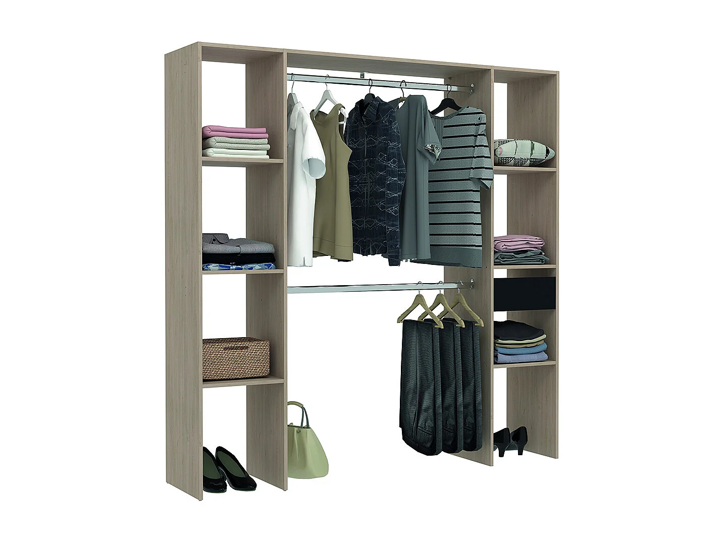 Kledingkast van Hout met 6 Planken 1 Lade 2 Kledingstangen 180x40x180 cm ELYSEE