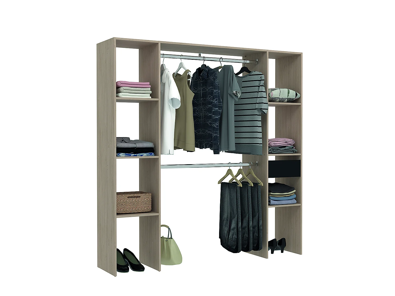 Dressing bois avec 6 étagères, 1 tiroir et 2 penderies : 180 x 40 x 180 cm ELYSEE