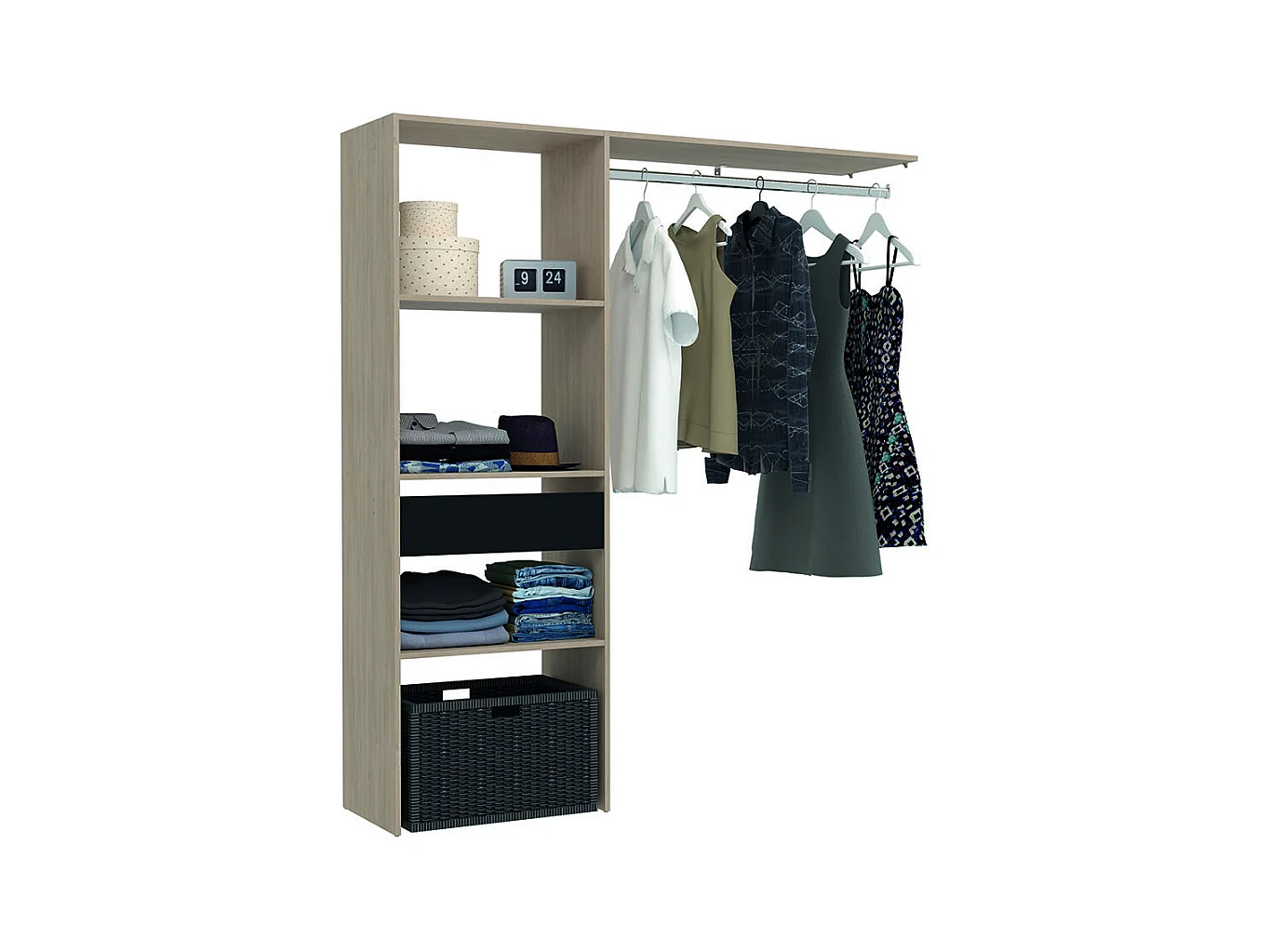 Kleiderschrank aus Holz mit 3 Fächern, 1 Schublade und Garderobe ELYSEE