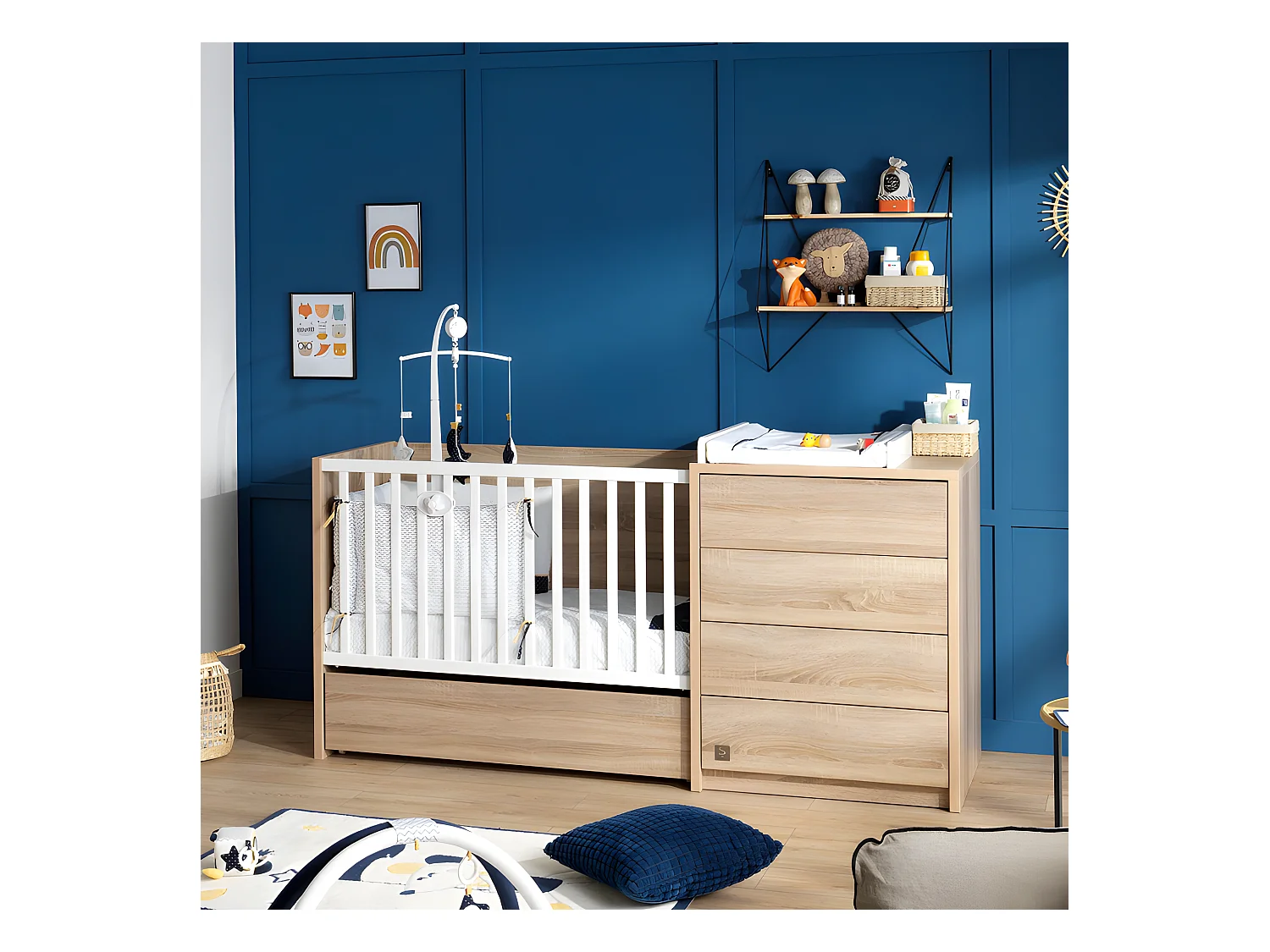 Lit combiné évolutif 60x120 en 90x190 et commode à langer Antonin Bois