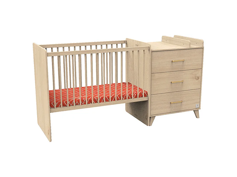 Lit combiné évolutif 60x120 en 90x190 et commode à langer Arty Bois
