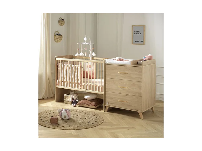 Lit combiné évolutif 60x120 en 90x190 et commode à langer Arty Bois