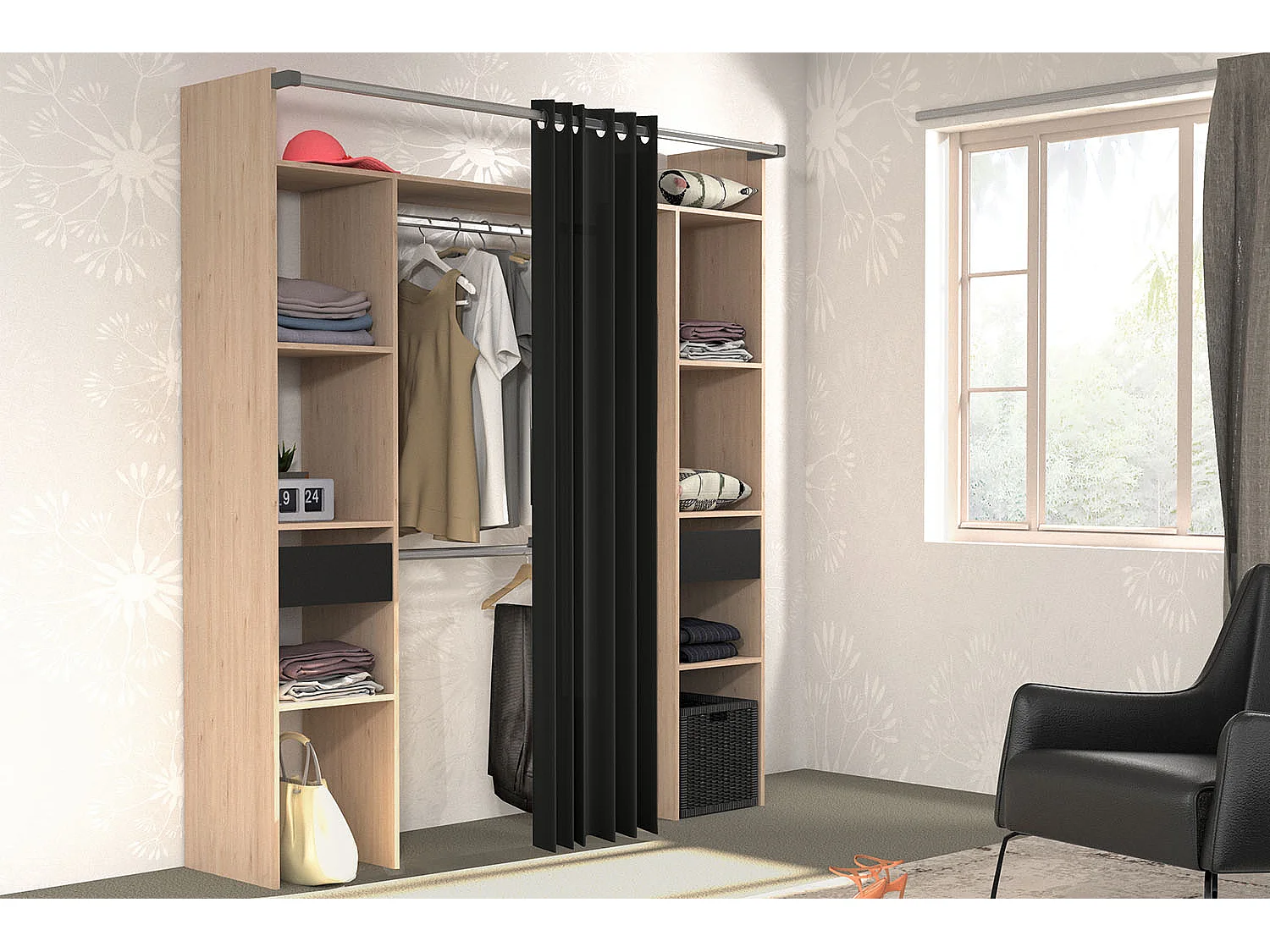 Armadio in legno, tenda nera, 2 armadi, 6 ripiani, 2 cassetti ELYSEE