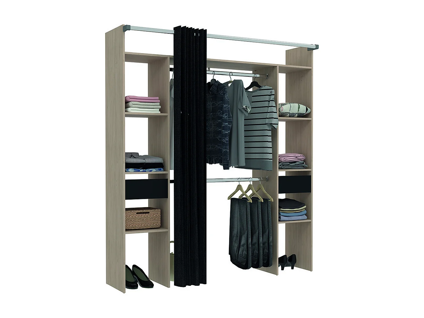 Armadio in legno, tenda nera, 2 armadi, 6 ripiani, 2 cassetti ELYSEE