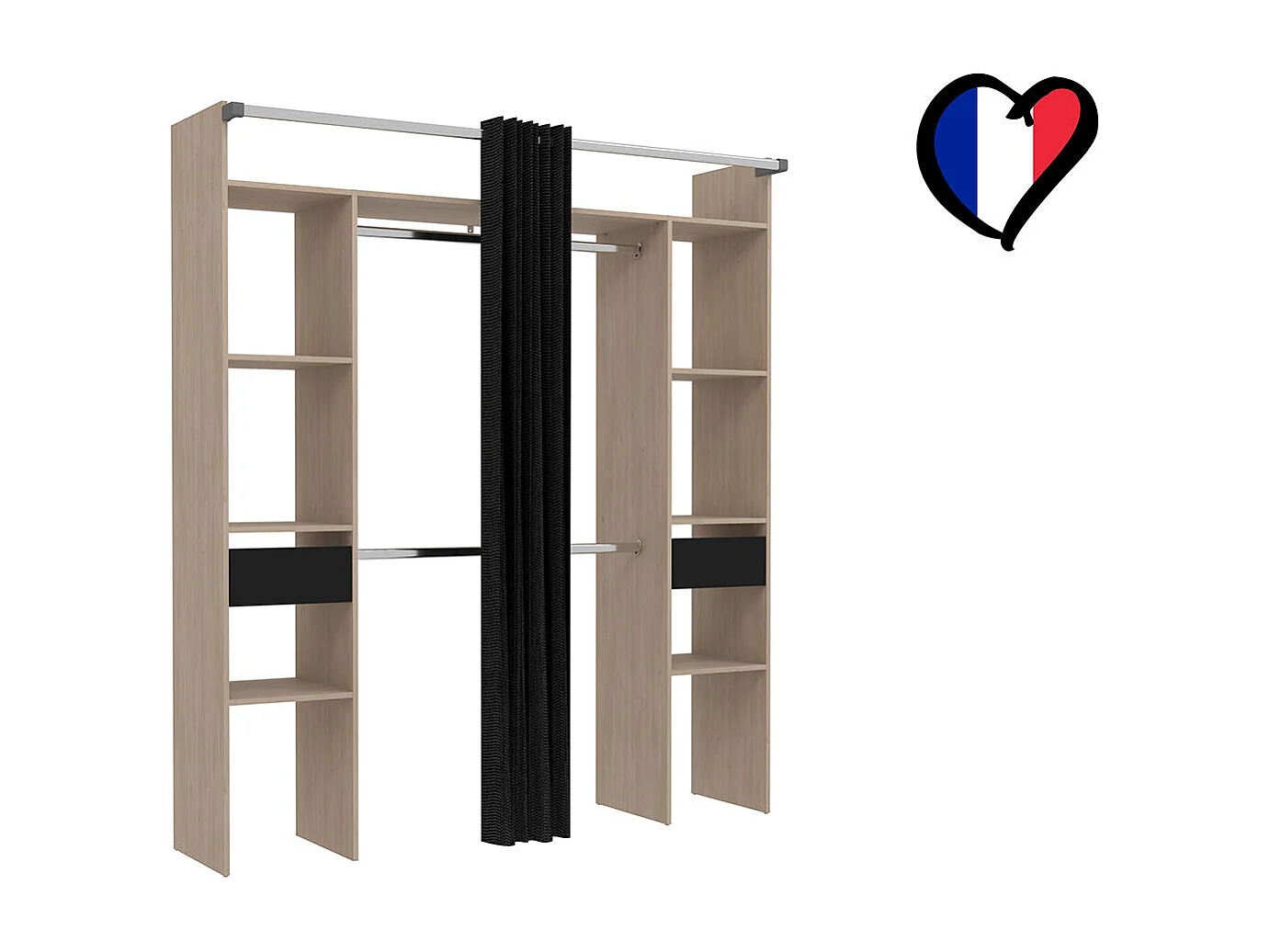 Armadio in legno, tenda nera, 2 armadi, 6 ripiani, 2 cassetti ELYSEE