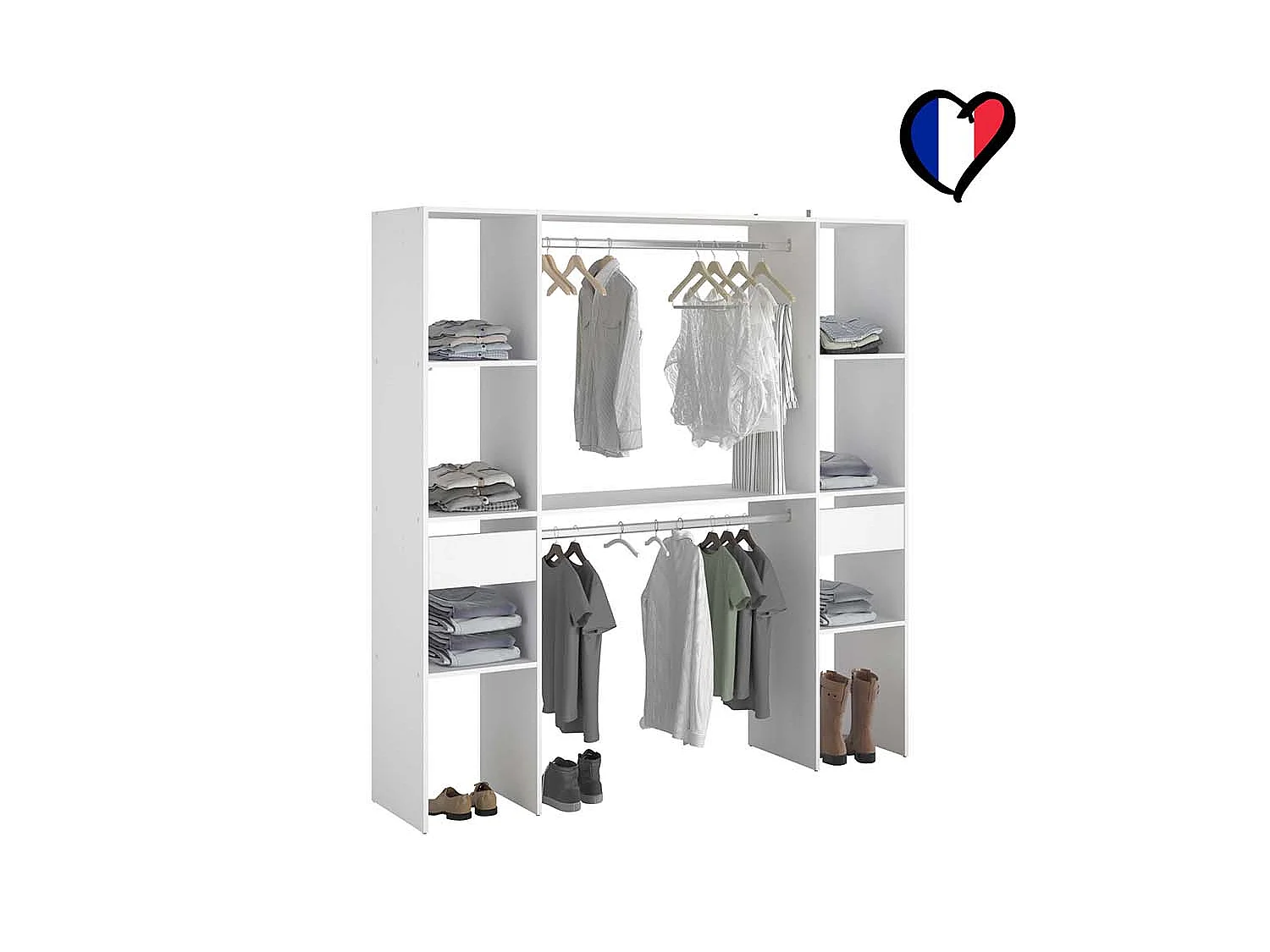 Dressing blanc 2 penderies, 6 étagères, 2 tiroirs  ELYSEE