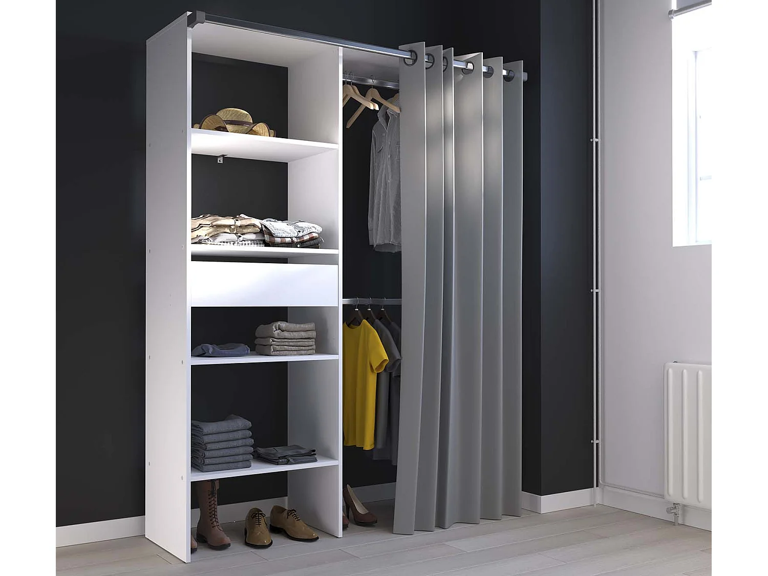 Dressing avec rideau, 4 étagères, 2 penderies et 1 tiroir 143x48x182 blanc PARIS