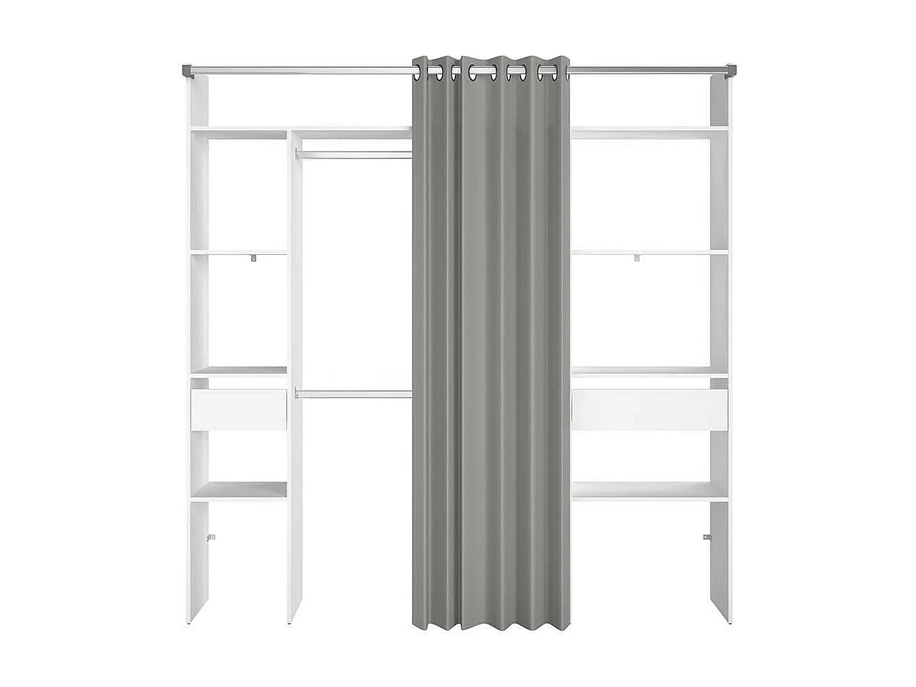 Dressing blanc avec rideau gris 2 penderies, 6 étagères 2 tiroirs ELYSEE
