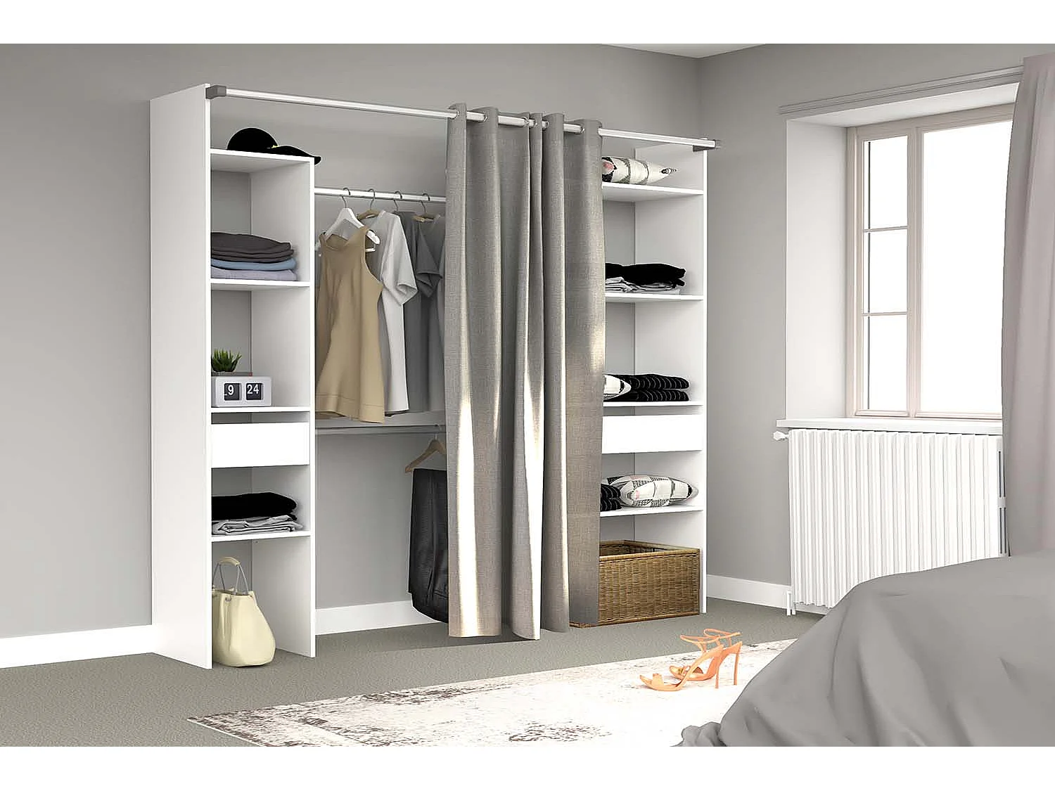 Dressing blanc avec rideau gris 2 penderies, 6 étagères 2 tiroirs ELYSEE