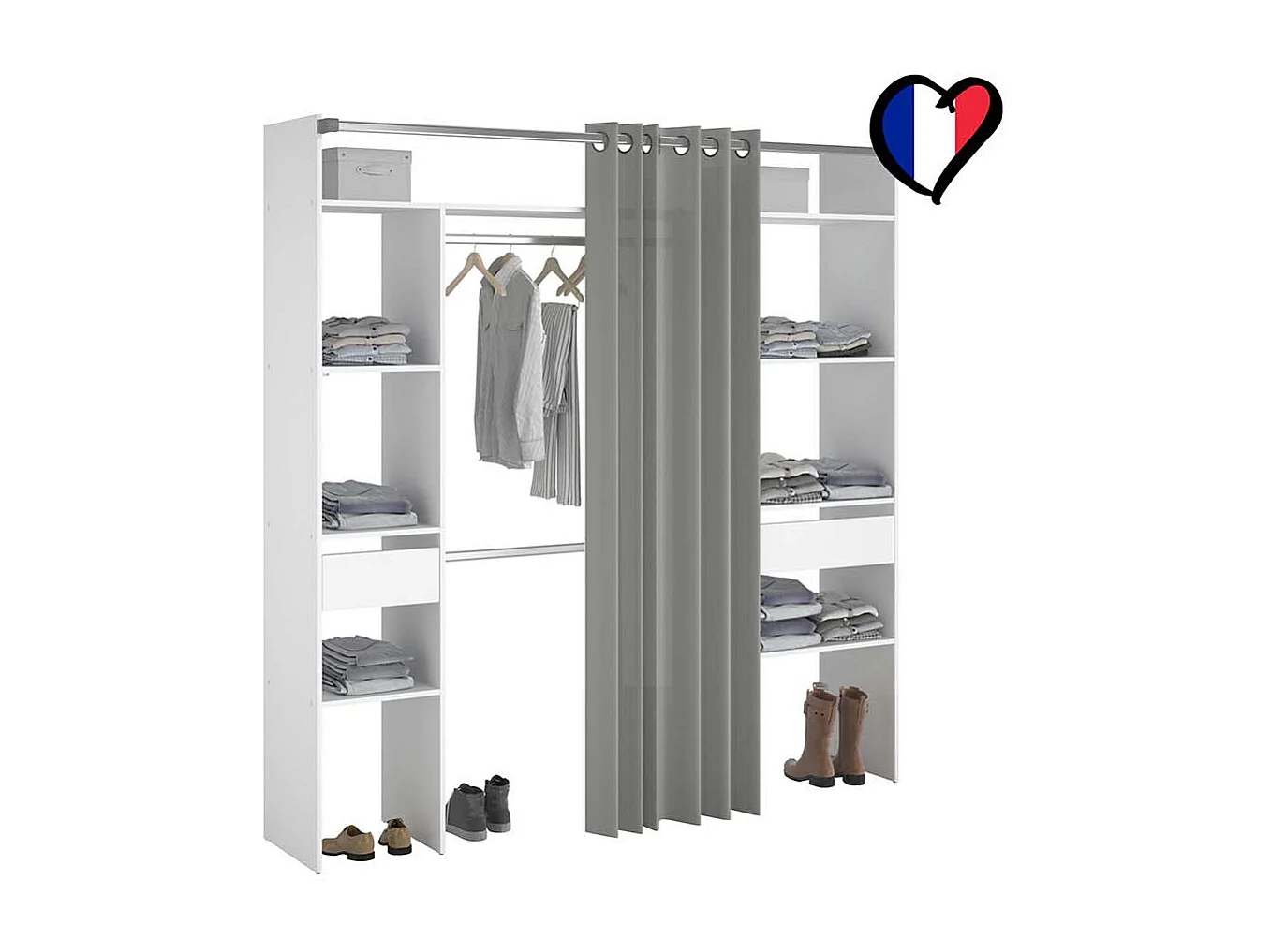 Dressing blanc avec rideau gris 2 penderies, 6 étagères 2 tiroirs ELYSEE