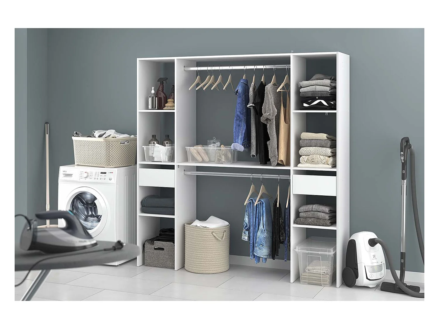 Dressing blanc 6 étagères, 2 tiroirs, 2 penderies 180 x 40 x 180 cm ELYSEE