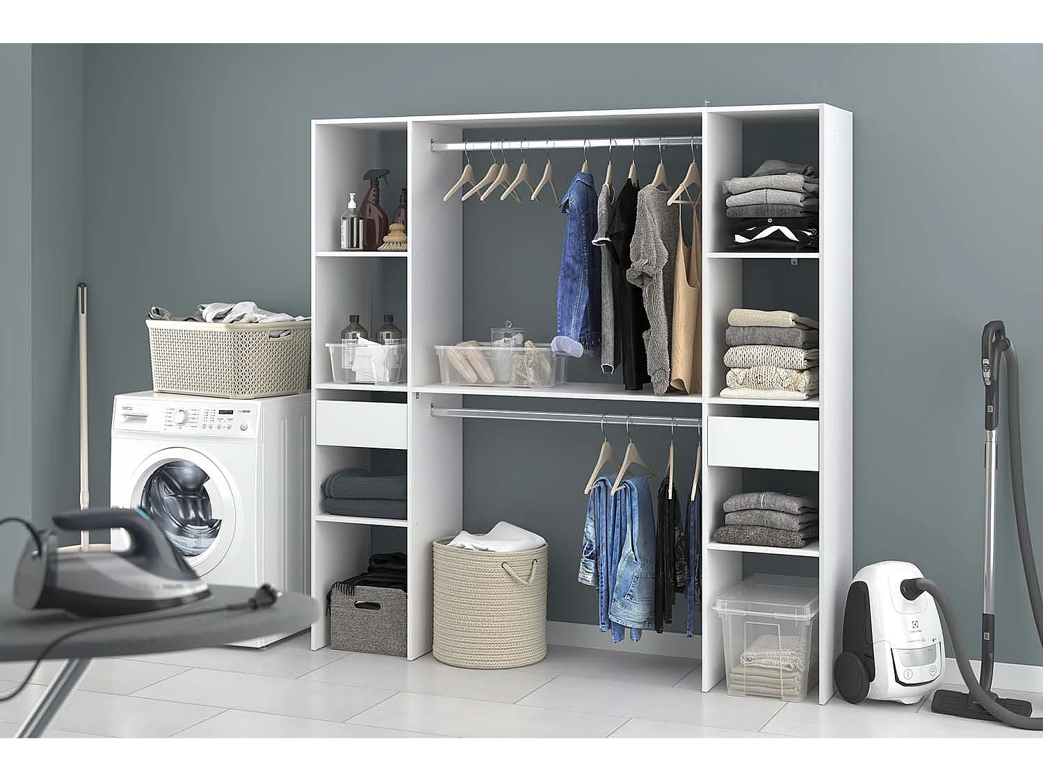 Dressing blanc 6 étagères, 2 tiroirs, 2 penderies 180 x 40 x 180 cm ELYSEE