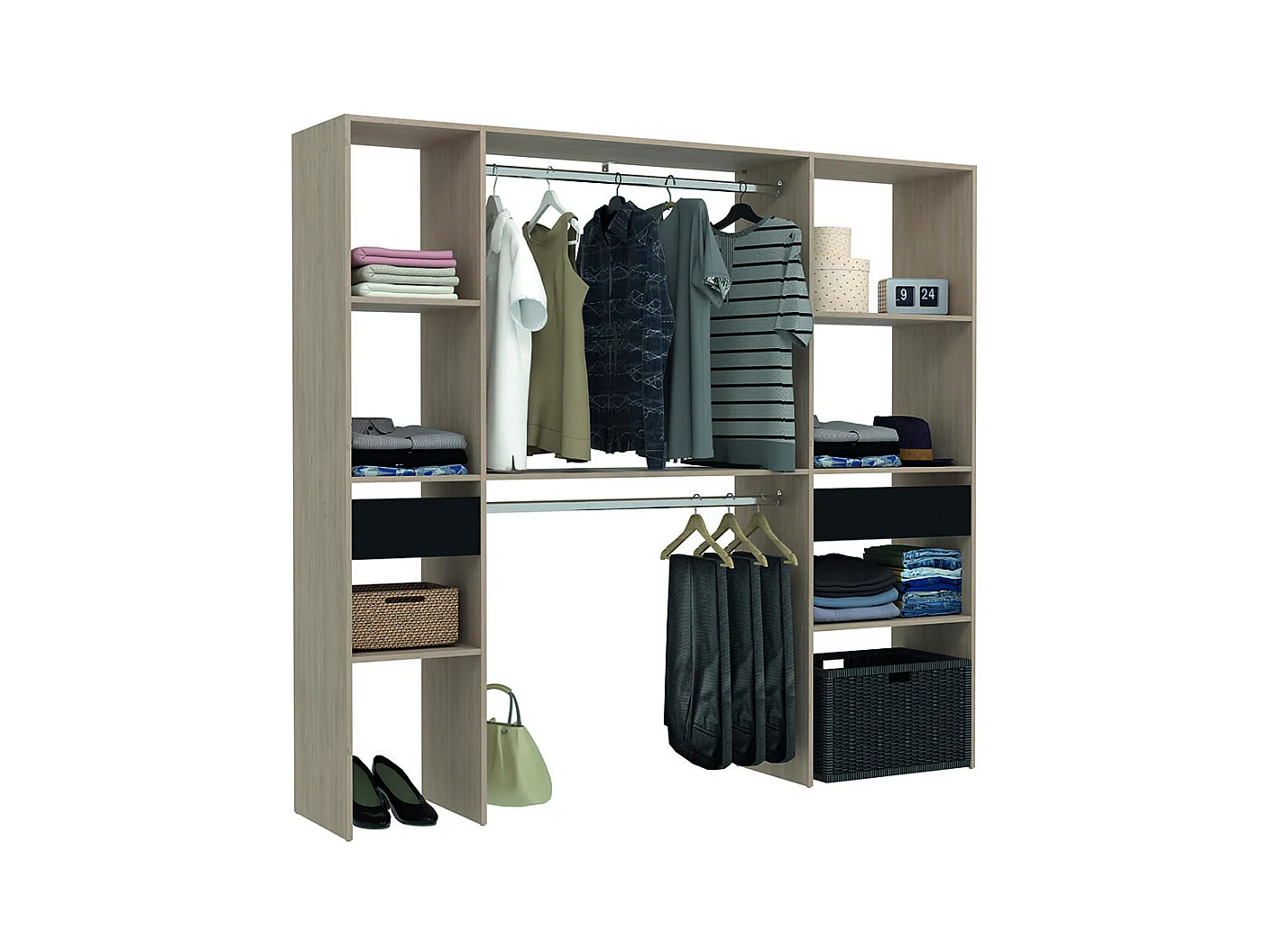Dressing bois avec 2 penderies, 6 étagères et 2 tiroirs ELYSEE