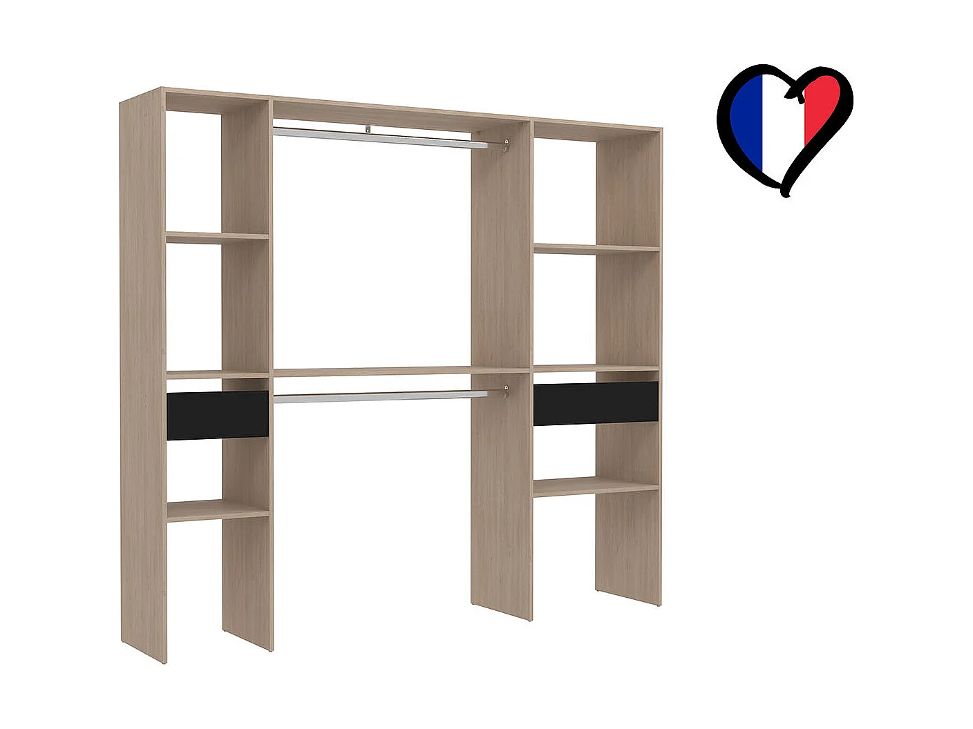 Dressing bois avec 2 penderies, 6 étagères et 2 tiroirs ELYSEE