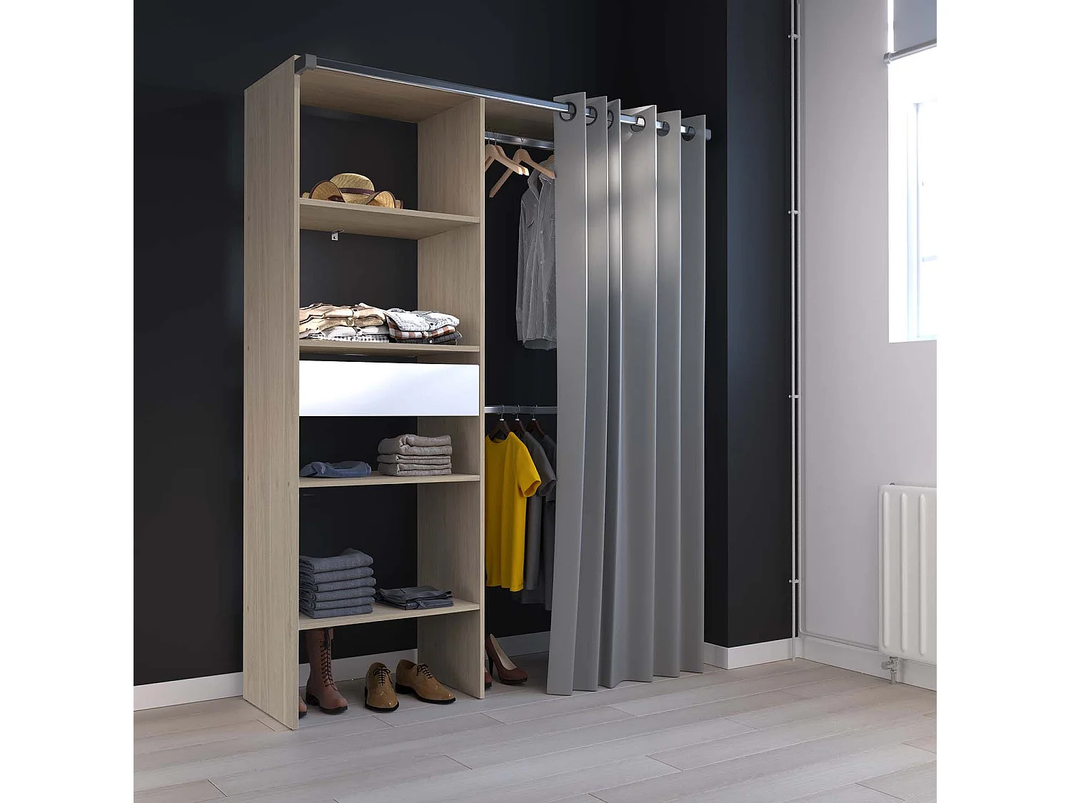 Dressing rideau, 4 étagères, 2 penderies et 1 tiroir 143x48x182 bois PARIS