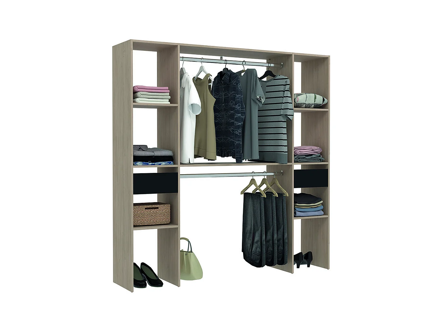 Dressing bois avec 6 étagères, 2 tiroirs et 2 penderies : 180 x 40 x 180 cm ELYSEE