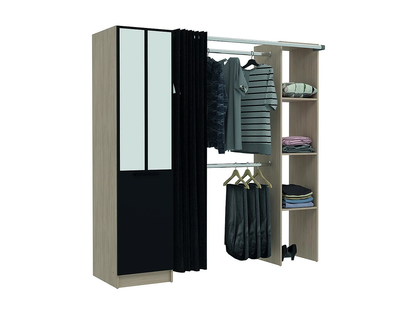 Dressing industriel bois avec rideau noir et 2 penderies et 6 étagères NICE