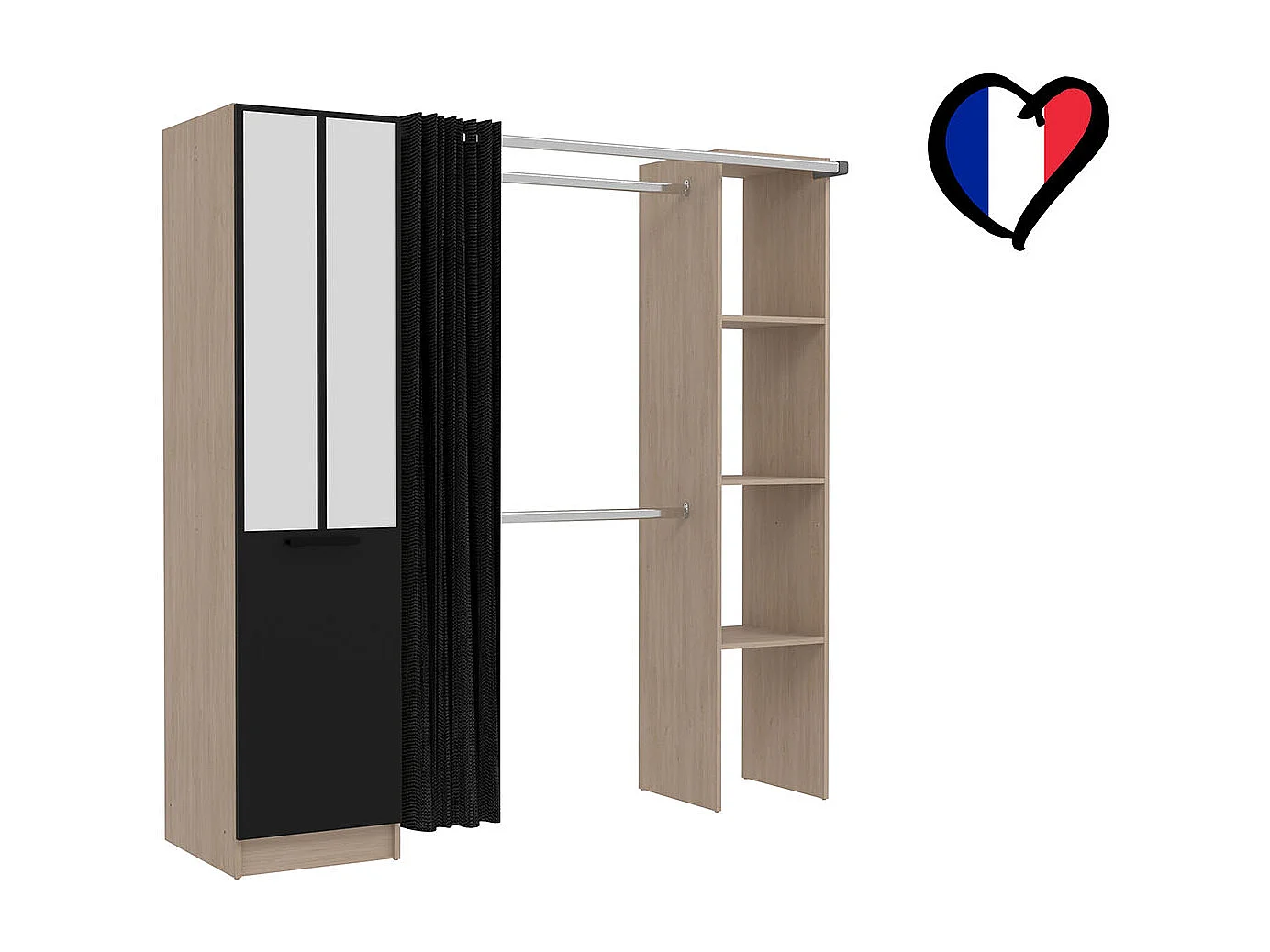 Dressing industriel bois avec rideau noir et 2 penderies et 6 étagères NICE