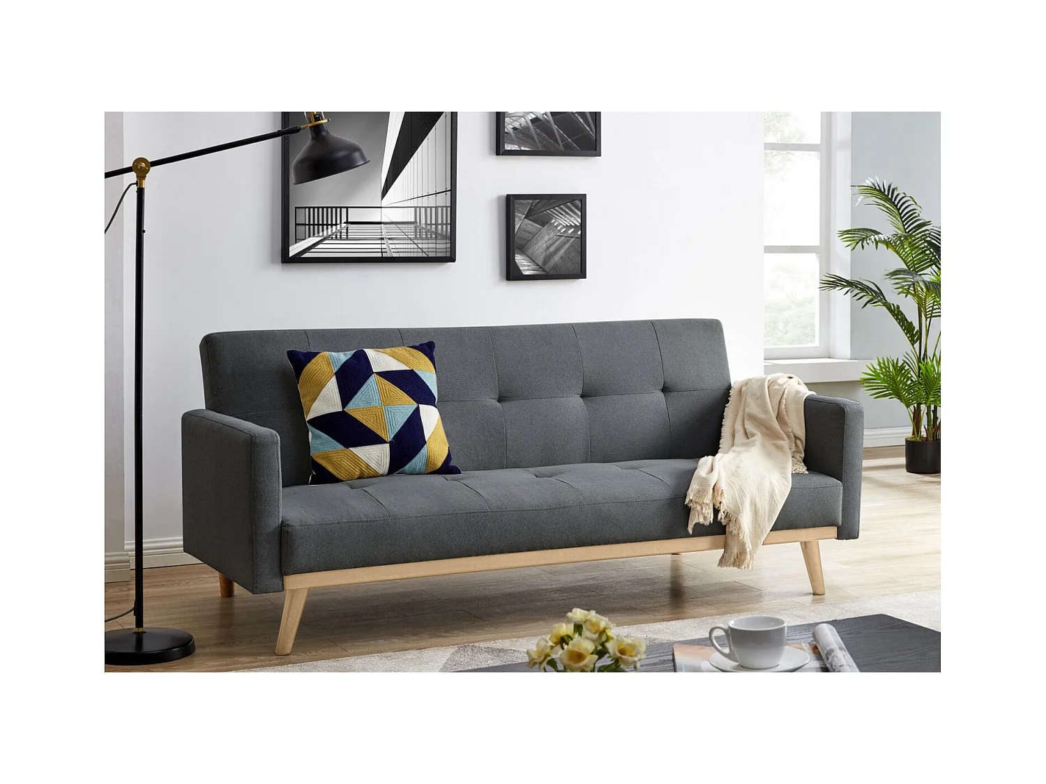 Canapé convertible 3 places en tissu gris foncé pieds noirs LEON