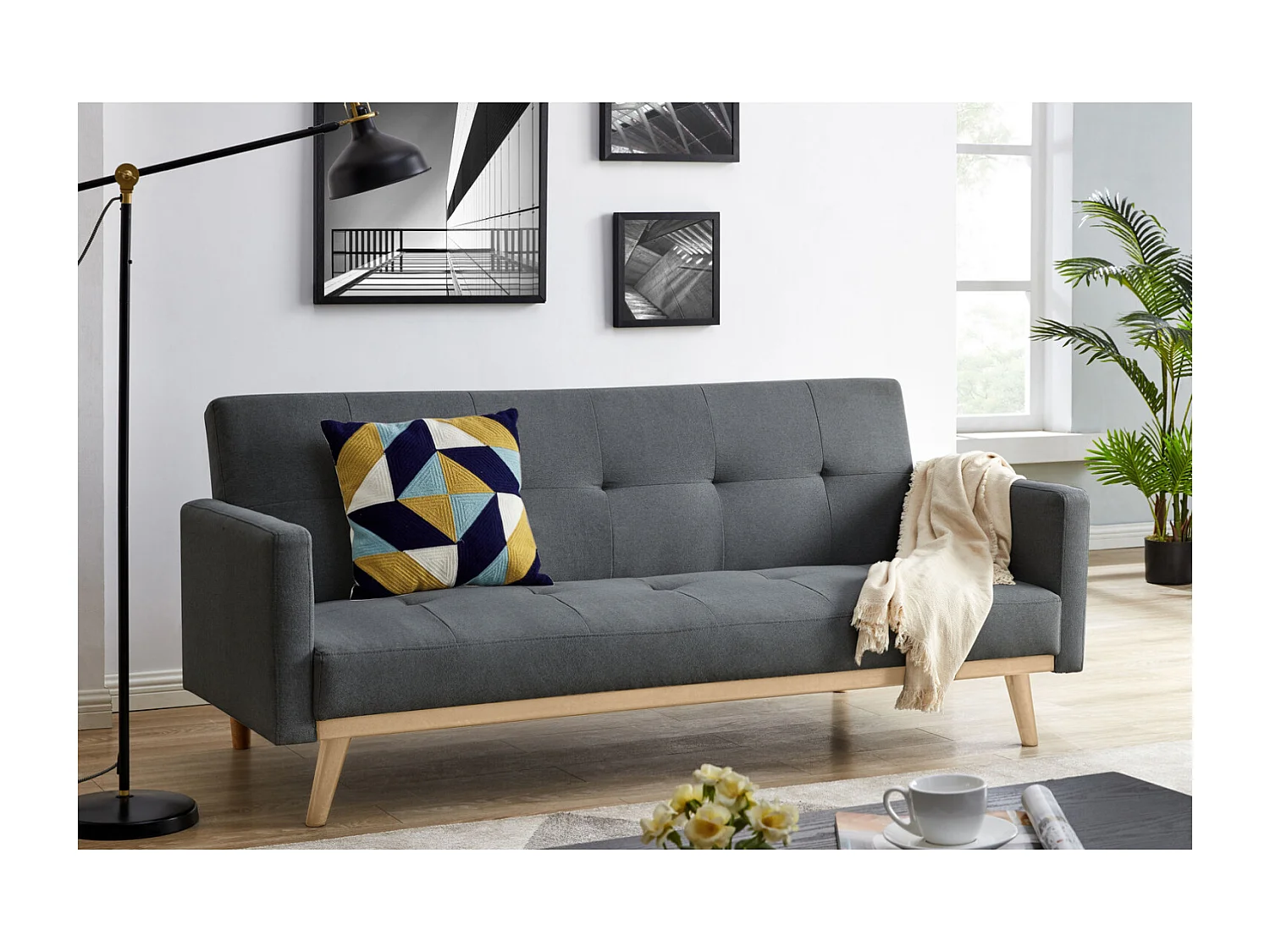 Slaapbank met 3 zitplaatsen in donkergrijze stof LEON