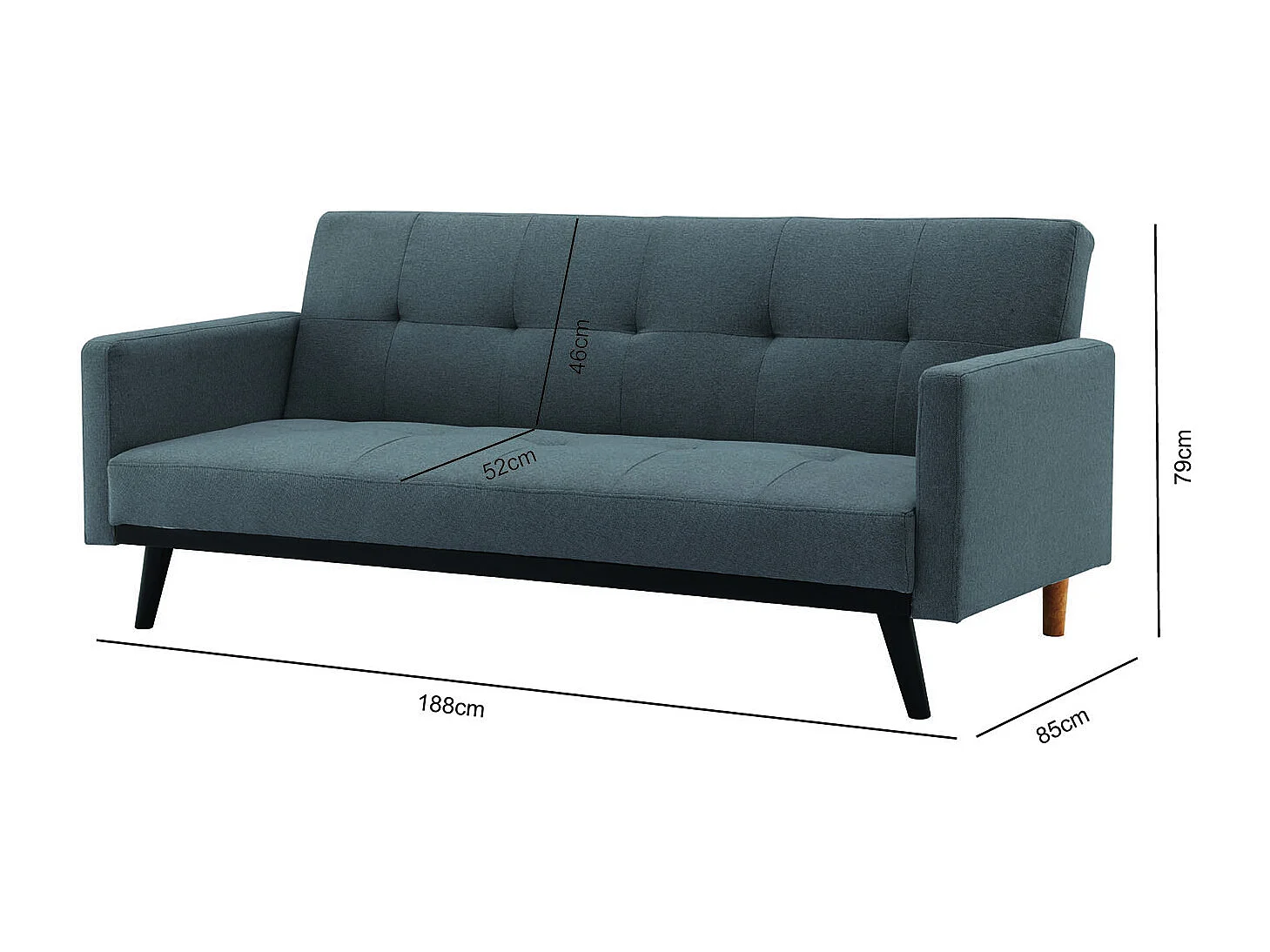 Canapé convertible 3 places en tissu gris foncé pieds noirs LEON