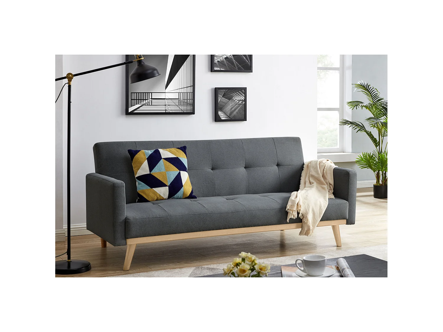 Canapé convertible 3 places en tissu gris foncé pieds noirs LEON
