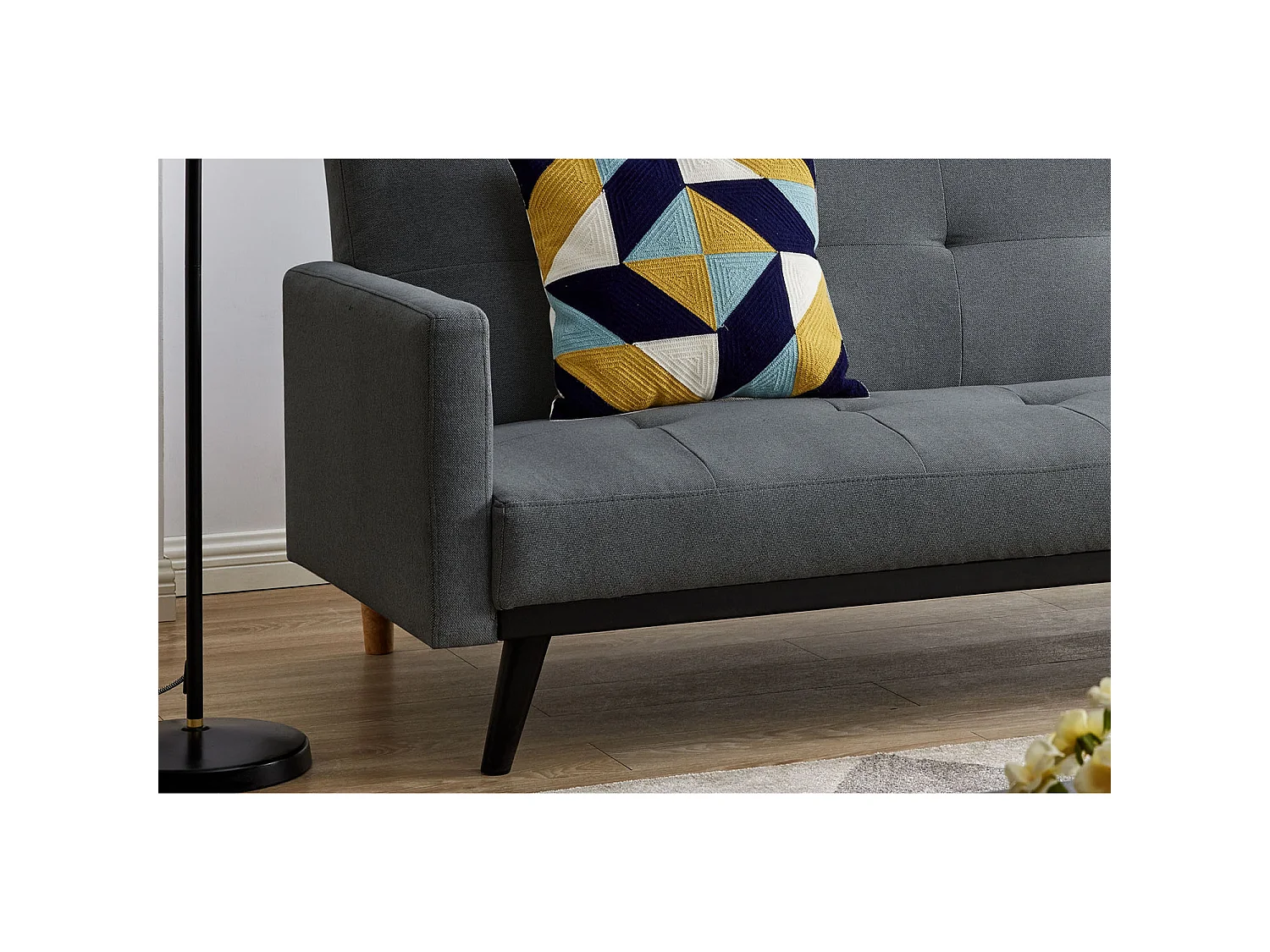 Canapé convertible 3 places en tissu gris foncé pieds noirs LEON