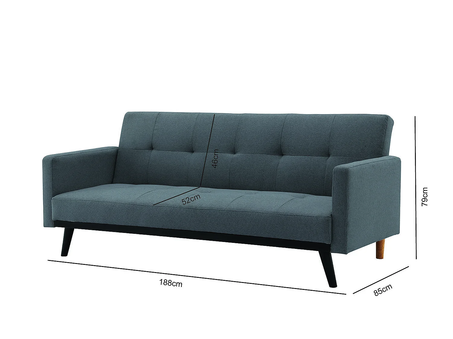 Canapé convertible 3 places en tissu gris foncé pieds noirs LEON