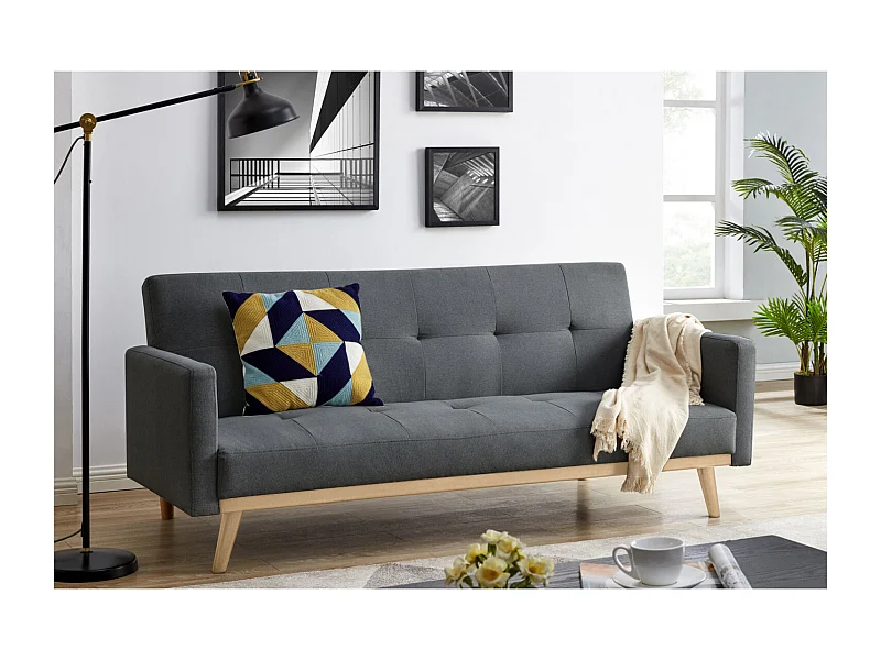 Canapé convertible 3 places en tissu gris foncé pieds noirs LEON