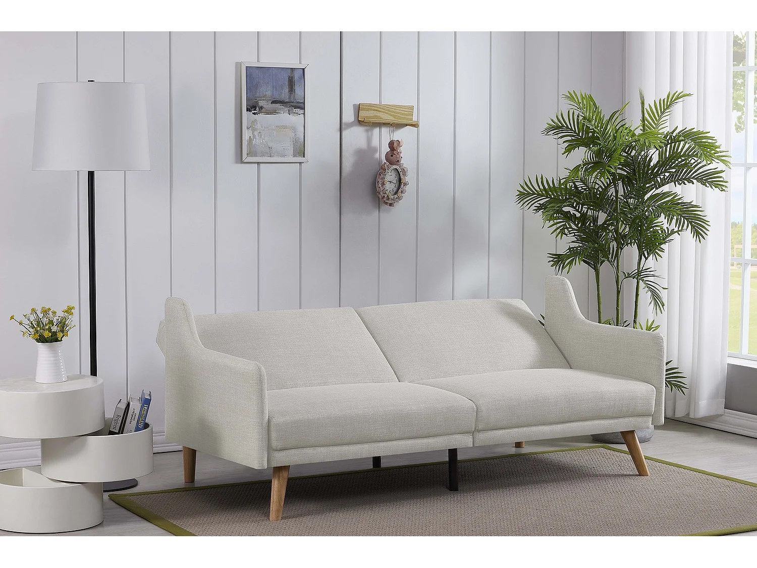 Sofá Cama Conversível Escandinavo Cinza Claro ESTER - Design Moderno, Conversível, 3 Lugares, Madeira Maciça, Fácil de Manter