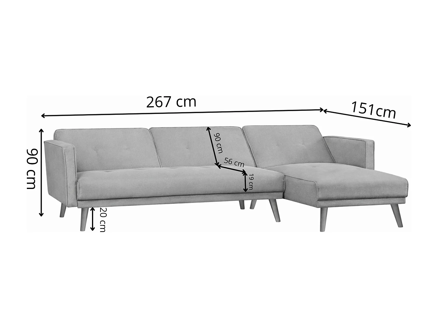 Canapé d'angle réversible et convertible 4 places en tissu gris GRACE