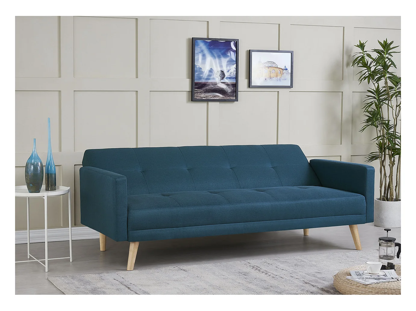 Sofá escandinavo convertible 3 plazas de tela azul WOODEN