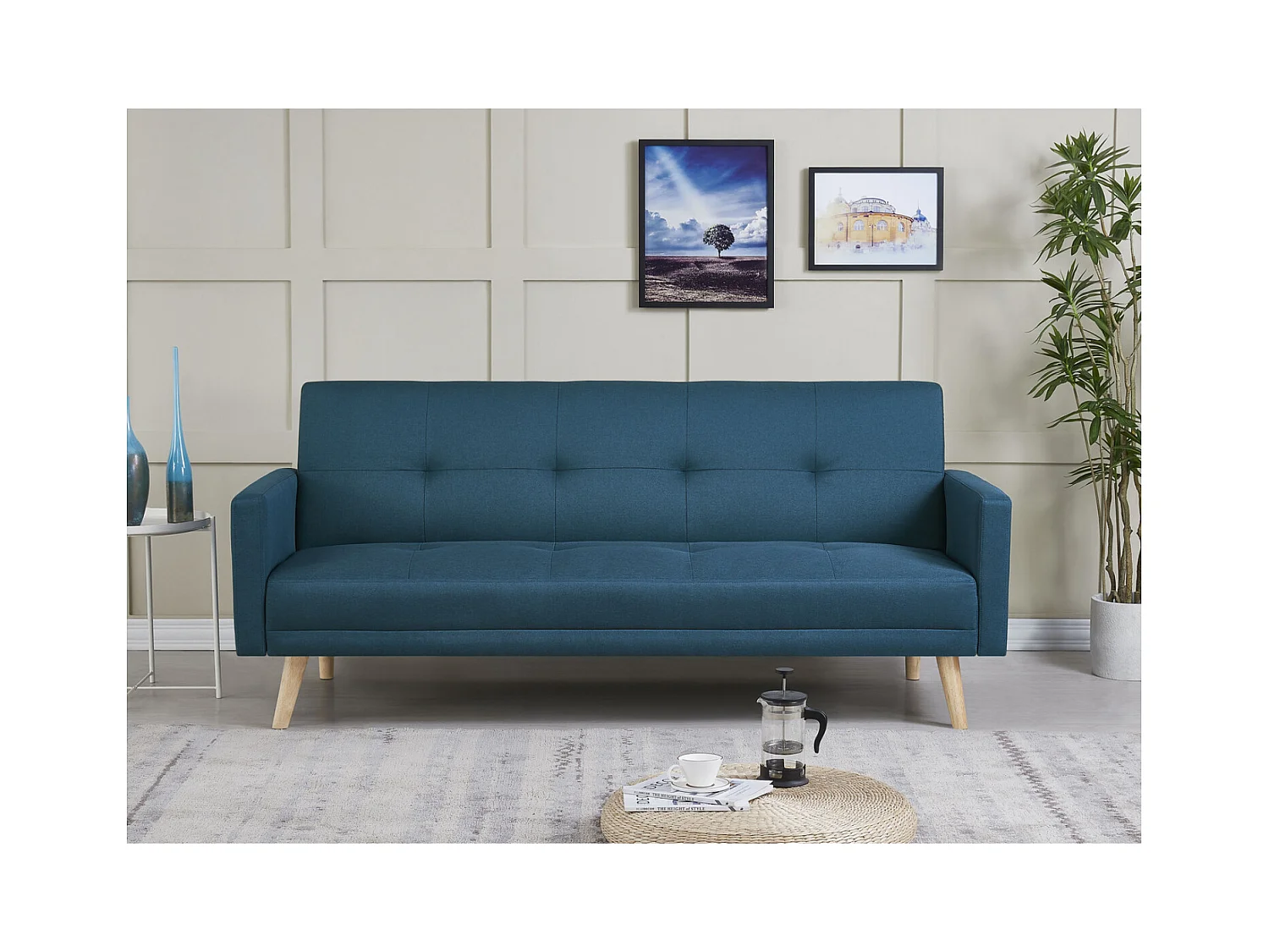Canapé scandinave convertible 3 places en tissu bleu canard WOODEN