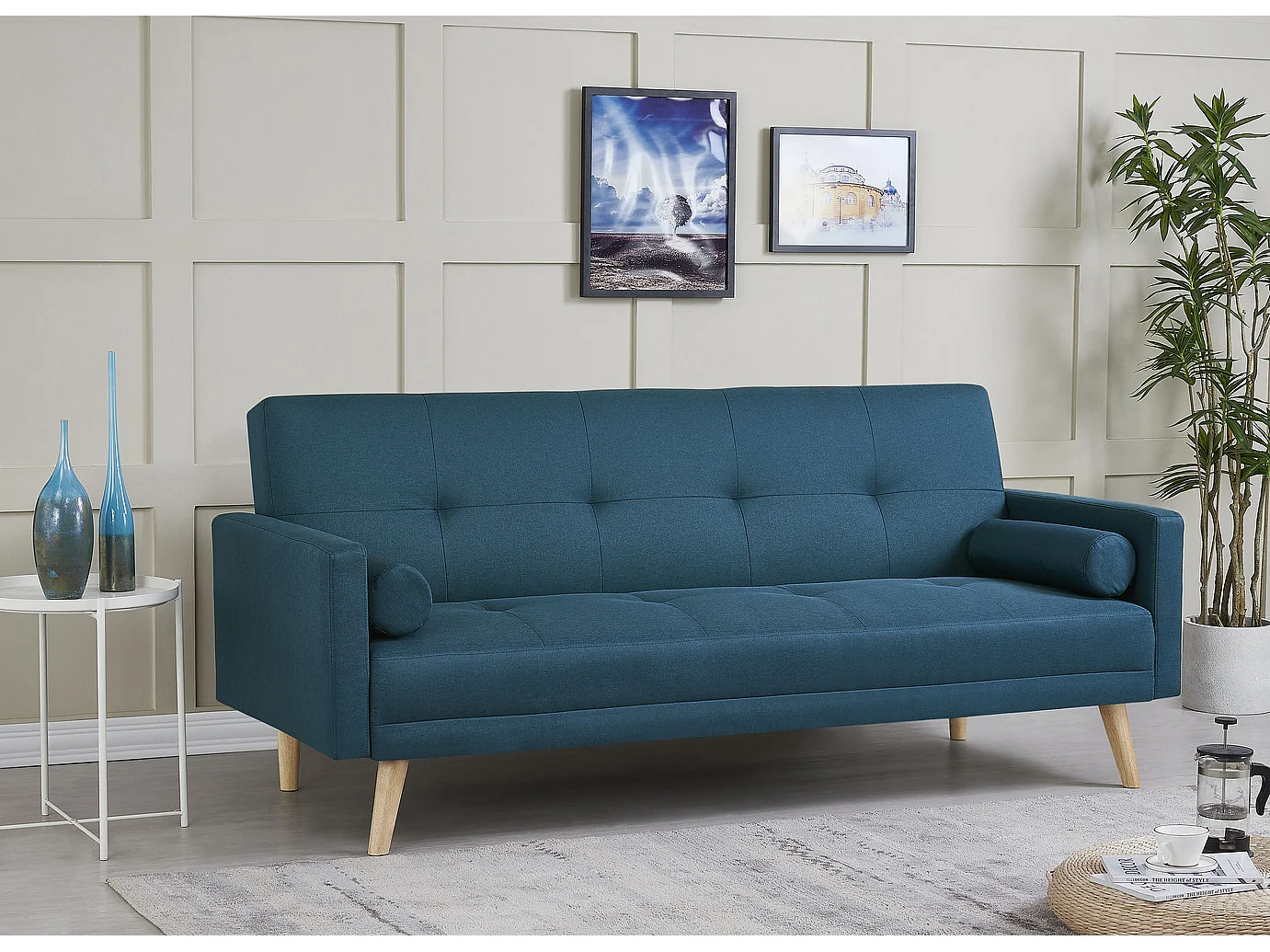 Canapé scandinave convertible 3 places en tissu bleu canard WOODEN