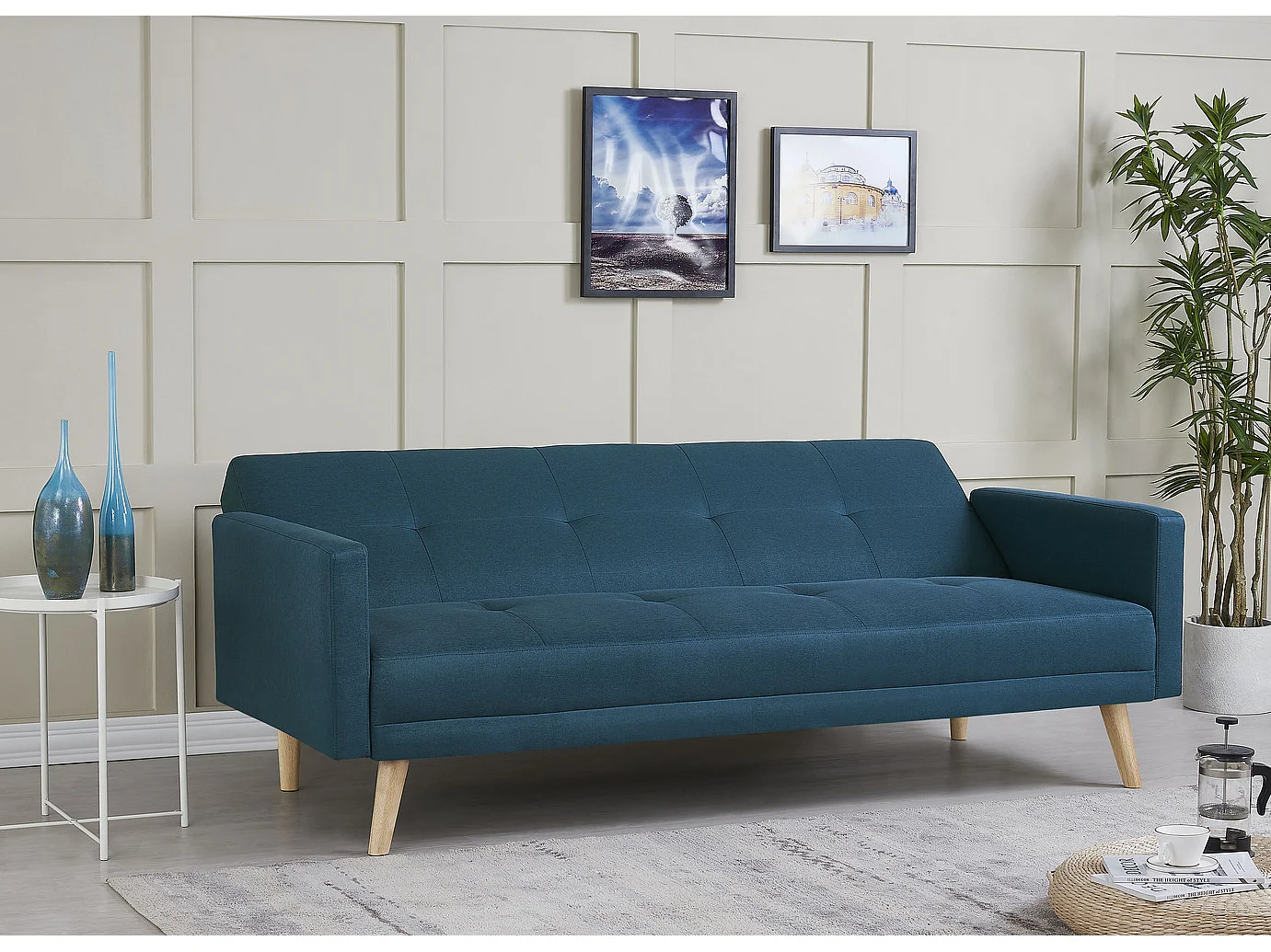 Canapé scandinave convertible 3 places en tissu bleu canard WOODEN