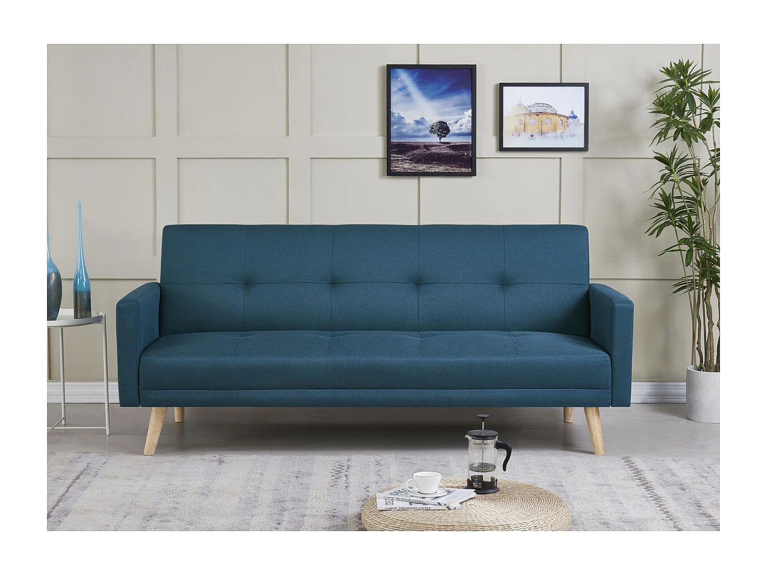 Canapé scandinave convertible 3 places en tissu bleu canard WOODEN