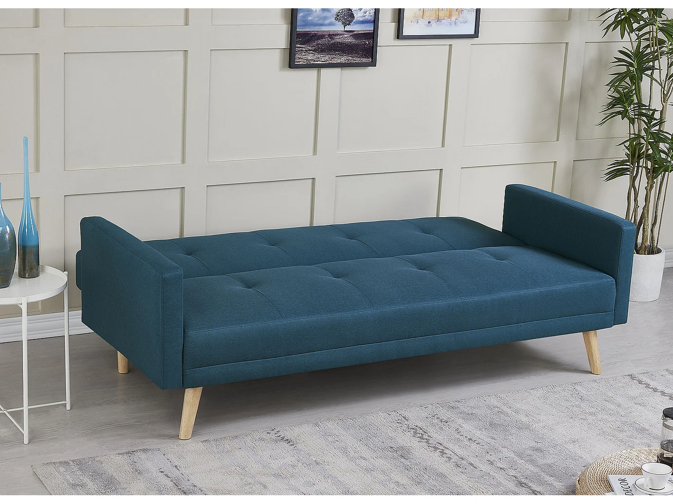 Canapé scandinave convertible 3 places en tissu bleu canard WOODEN