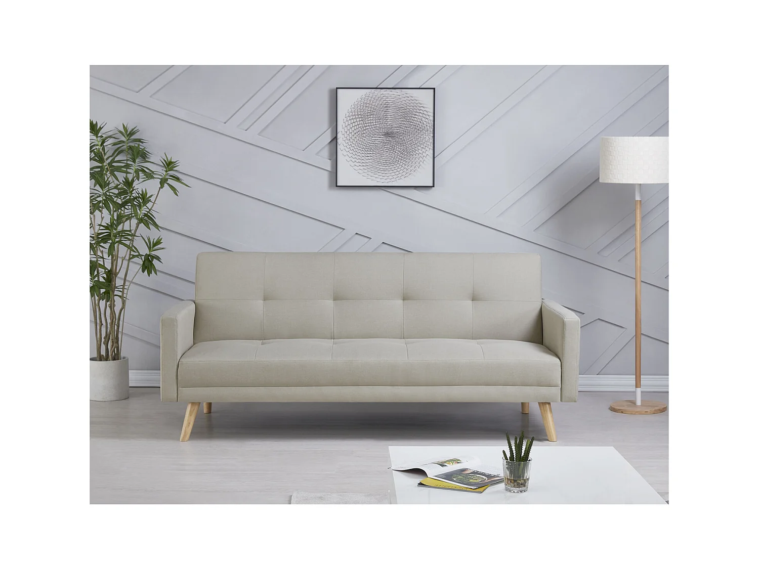 Canapé scandinave convertible 3 places en tissu beige WOODEN