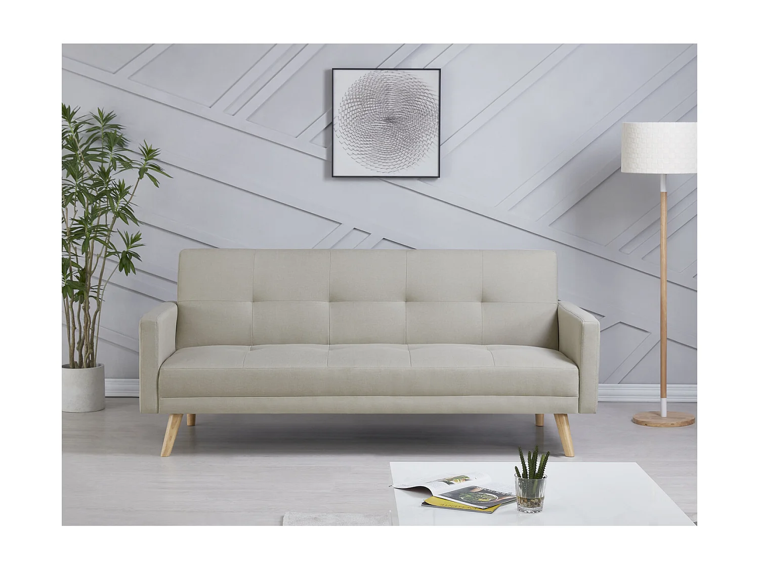 Canapé scandinave convertible 3 places en tissu beige WOODEN