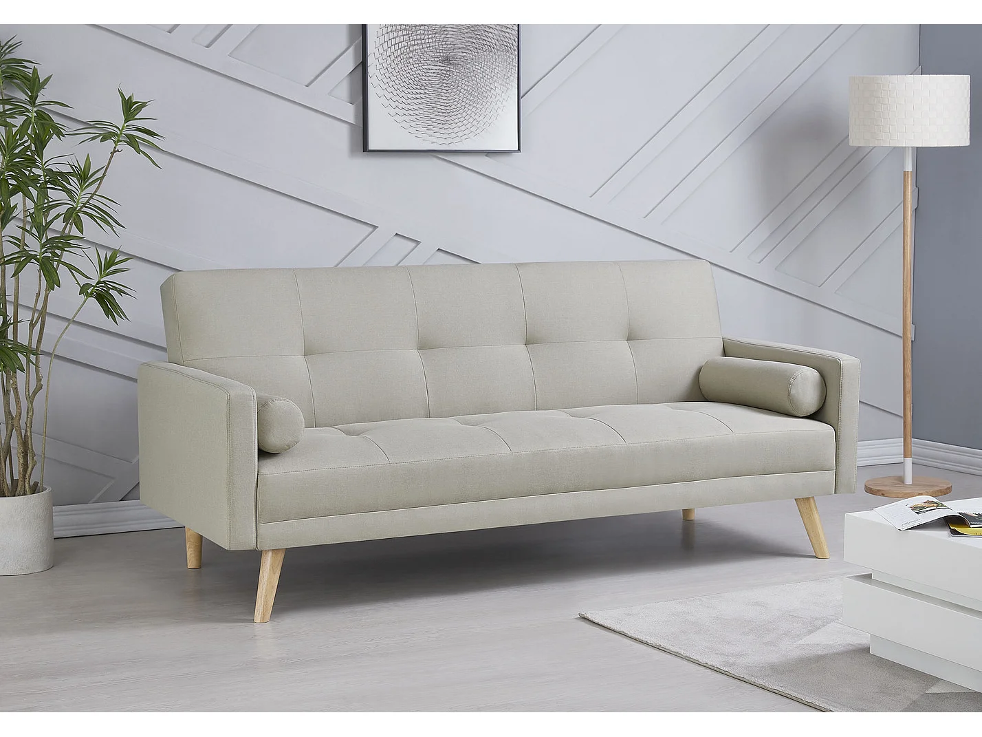 Canapé convertible clic-clac 3 places en tissu beige WOODEN