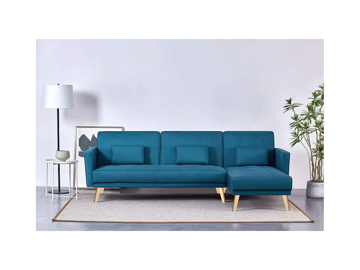 Canapé d'angle réversible et convertible 4 places en tissu bleu canard GRACE