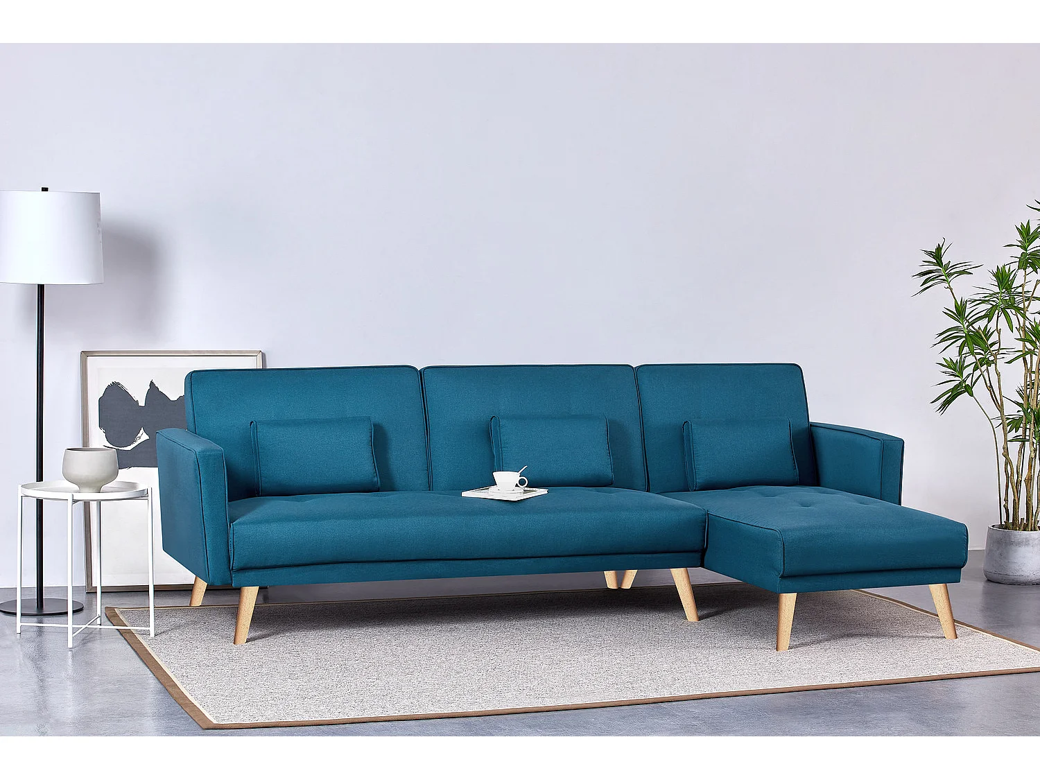 Canapé d'angle réversible et convertible 4 places en tissu bleu canard GRACE